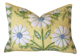 Swedish Schumacher Embroidered Pillow Cover in Blue & Green on Yellow Linen Marguerite Buttercup - Annabel Bleu