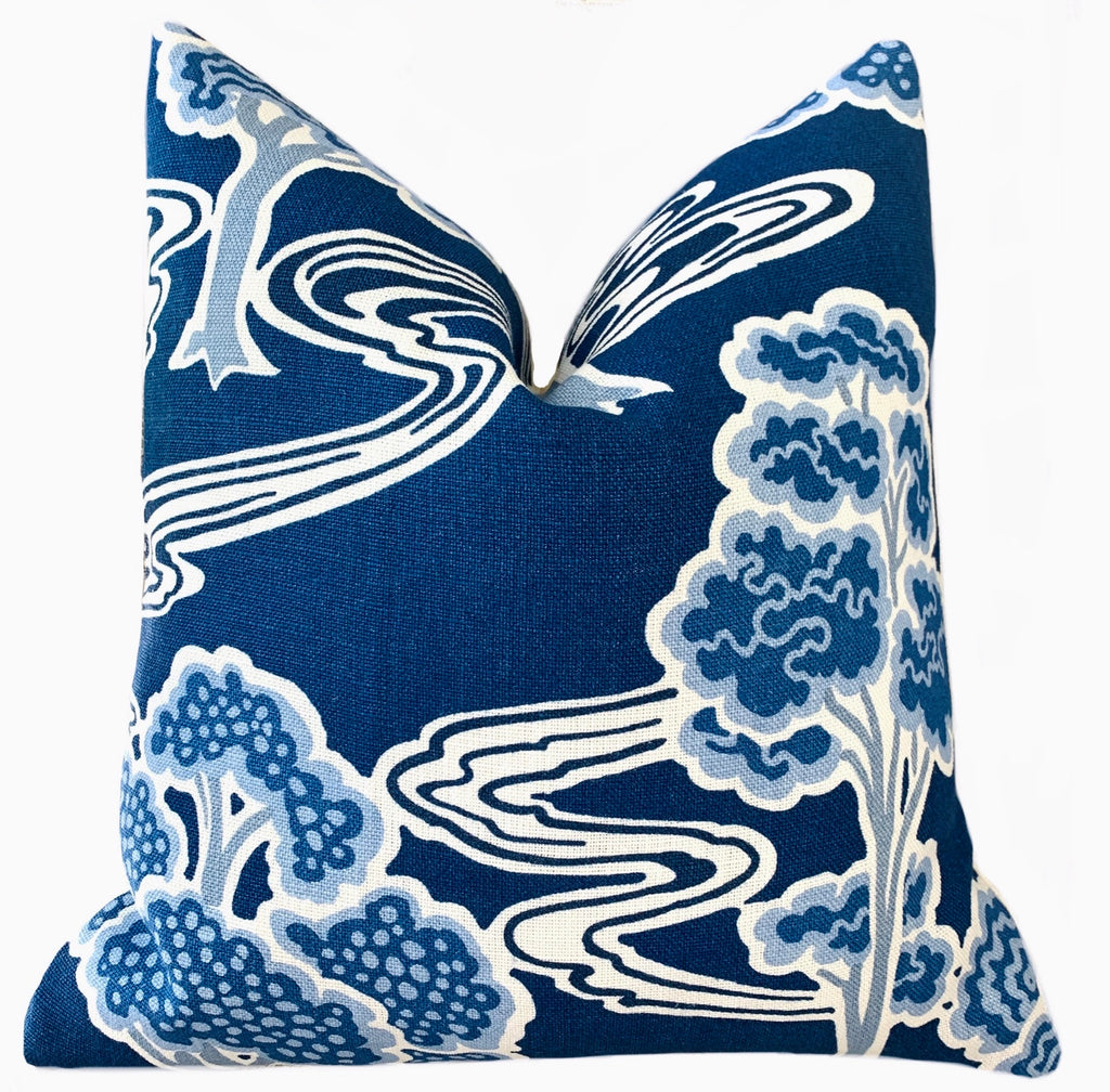 Schumacher Tree River Pillow Cover / Deep Blue & Ivory | Annabel Bleu