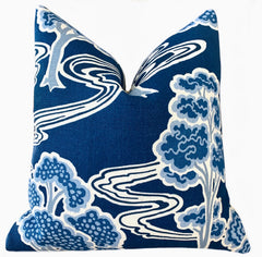 Schumacher Tree River Pillow Cover / Deep Blue & Ivory