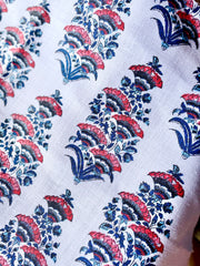 Genevieve: Indigo Block Printed Floral Fans on Belgian Linen / Home Decor and Upholstery Fabric by the Yard or Fat Quarter