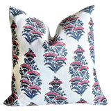Indigo & Coral Pink Block Printed Floral Pillow Cover: Available in 10 Sizes - Annabel Bleu