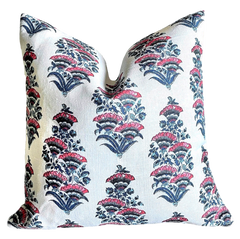 Genevieve: Indigo & Coral Pink Block Printed Floral Pillow Cover / Available in 10 Sizes