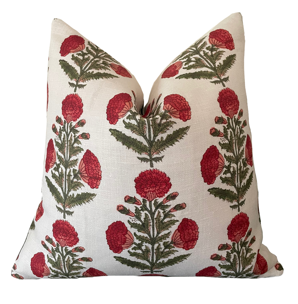 Red Green Carnation Bouquet Block Printed Linen Pillow Cover