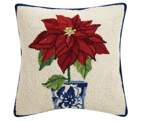 Preorder: Chinoiserie Poinsettia Wool Hooked Pillow - Annabel Bleu