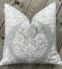 Block Print Damask Pillow Cover / Grey Beige Floral Cushion / Damask Pillow Cover / French Country Pillow Cover