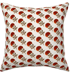 Marigold: Orange and Cream Floral Block Printed Linen Pillow Cover Available in 10 Sizes