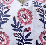 Mauve, Navy, and Pink Block Printed Floral Pillow Cover: Available in 10 Sizes - Annabel Bleu