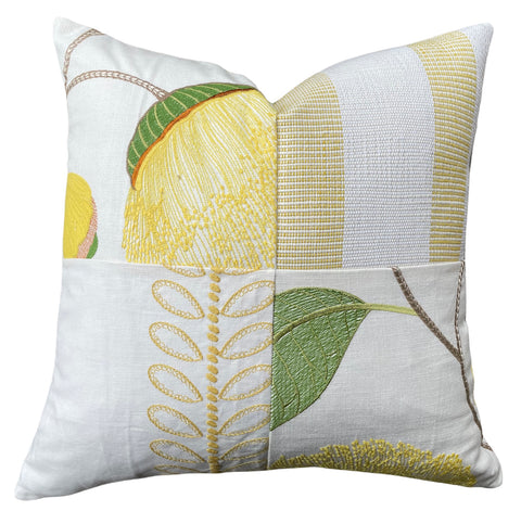 Schumacher Yellow & Green Embroidered Pillow Cover: Horst Stripe, Celinda Embroidery, and Camile Embroidery - Annabel Bleu