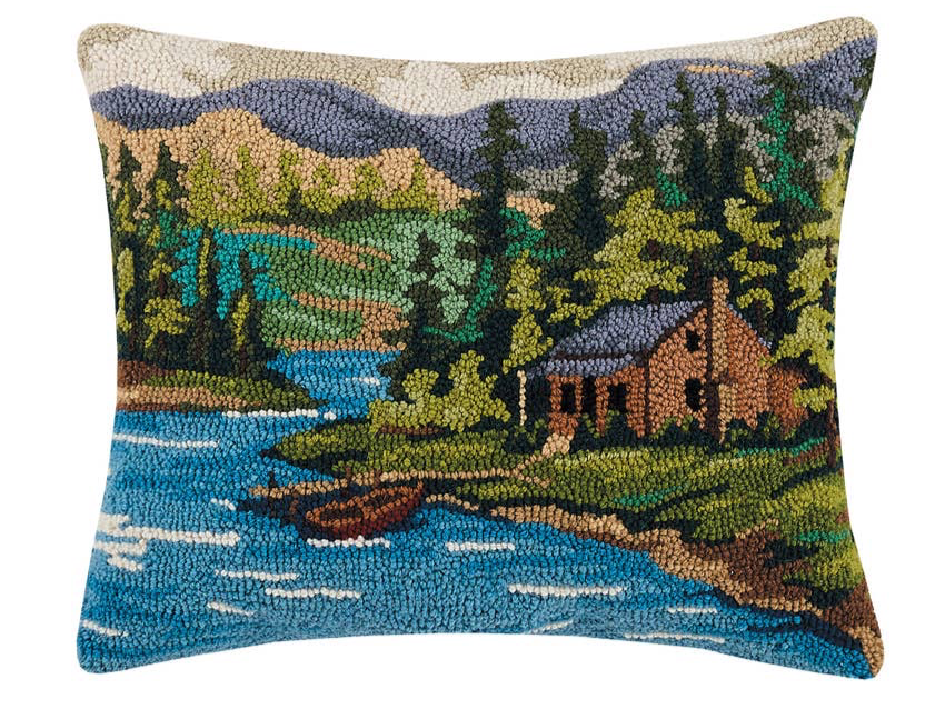 Cabin on a Lake Hooked Pillow 16x20”