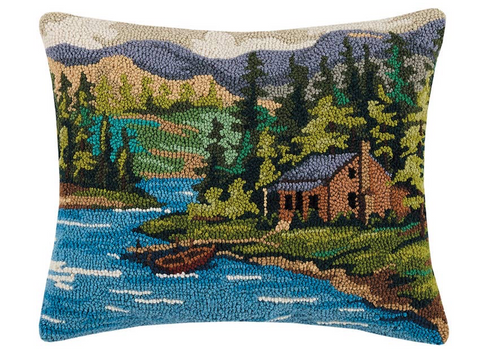 Cabin on a Lake Hooked Pillow 16x20” - Annabel Bleu