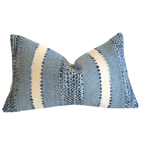 Woven Blue & Cream Boho Striped Pillow Cover - Annabel Bleu