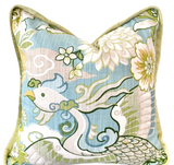 Aqua Chinoiserie Dragon Pillow Cover with Chartreuse Velvet Flange - Annabel Bleu