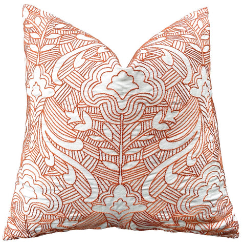 Schumacher Hendrix Embroidery Pillow Cover in Orange and Ivory - Annabel Bleu