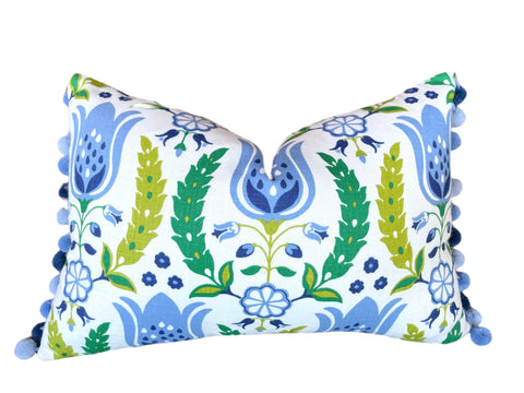Dutch Tulip Pillow Cover with Blue Poms - Annabel Bleu