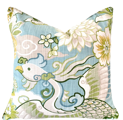 Aqua Chinoiserie Phoenix Pillow Cover / Chiang Mai style Pillow / Available in 8 Sizes - Annabel Bleu