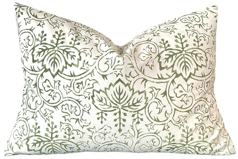 Block Printed Olive Green Vines Pillow Cover - Annabel Bleu