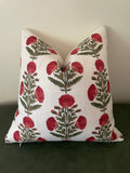 Red & Green Carnation Bouquet Block Printed Linen Pillow Cover: Available in 10 Sizes - Annabel Bleu