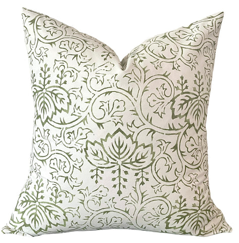 Block Printed Olive Green Vines Pillow Cover - Annabel Bleu
