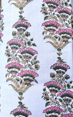 Genevieve: Pink and Yellow Block Printed Floral Fans on Belgian Linen / Home Decor and Upholstery Fabric by the Yard or Fat Quarter