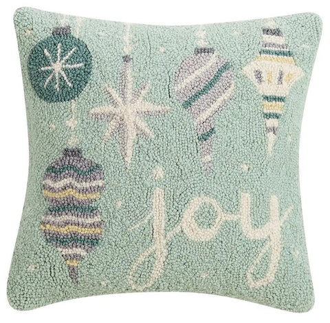 Hooked Wool Christmas Pillow, Joy & Ornaments - Annabel Bleu