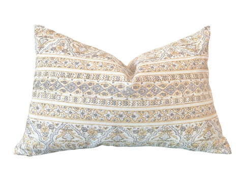 Block Printed Pillow cover: Butter & Grey - Annabel Bleu