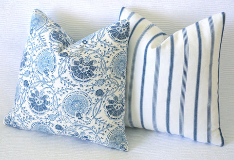 Blue Floral or Striped Pillow Cover / Hand Block Printed Pillow Covers - Annabel Bleu