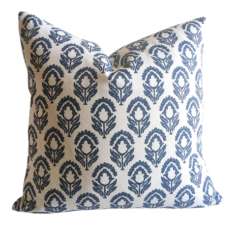 Meena: Denim Blue Block Print Pillow Cover Indiennes - Annabel Bleu