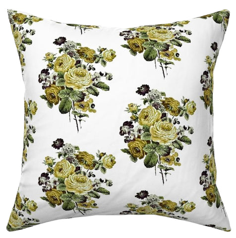 Antique French Roses and Poppies Linen Pillow Cover: Citrine - Annabel Bleu