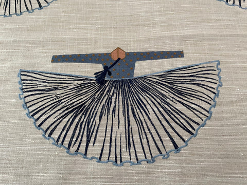Paper Dolls: Embroidered Japanese Dresses on a Beige Linen Ground / Drapery Fabric by the Yard - Annabel Bleu