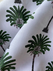 Olive Block Printed Palms on Belgian Linen / Home Decor and Upholstery Fabric by the Yard or Fat Quarter