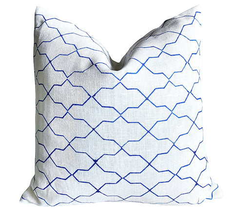 Indigo Block Printed Trellis Pillow Cover: Available in 10 Sizes - Annabel Bleu