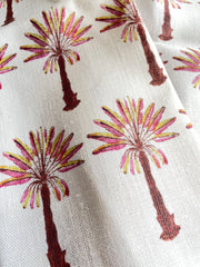 Palm Springs “Wild Palms” Pink and Yellow Block Printed Palms on Belgian Linen / Home Decor and Upholstery Fabric by the Yard or Fat Quarter