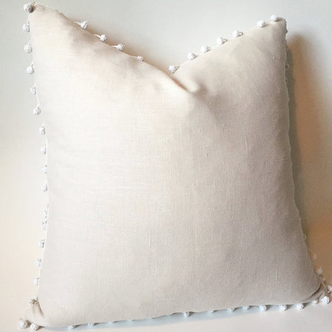 Simple Cream Linen Pillow Cover with Ivory Pom poms or Cream fringe - Annabel Bleu