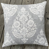 Block Print Damask Pillow Cover / Grey Beige Floral Cushion / Damask Pillow Cover / French Country Pillow Cover - Annabel Bleu