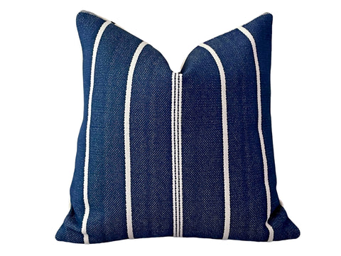 Navy and Ivory Chenille Striped Outdoor Pillow Cover / Nautical Outdoor Pillow cover / Patio Pillow / Porch Pillow Cover / Outdoor 12x18 18x18 20x20 - Annabel Bleu