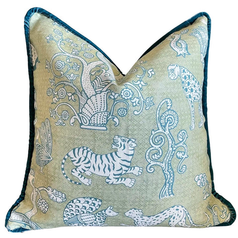 Schumacher “Animalia” Pillow Cover With Silk Velvet Piping - Annabel Bleu