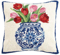 Chinoiserie Vase Hooked Pillow with Pink Tulips