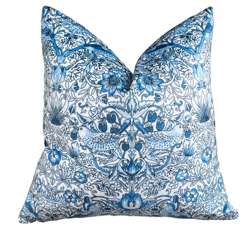 Blue & White William Morris "Strawberry Thief" Velvet Pillow Cover - Annabel Bleu
