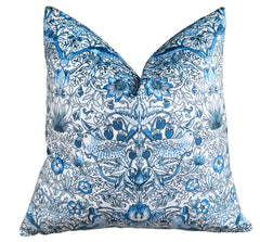 Blue & White William Morris "Strawberry Thief" Velvet Pillow Cover